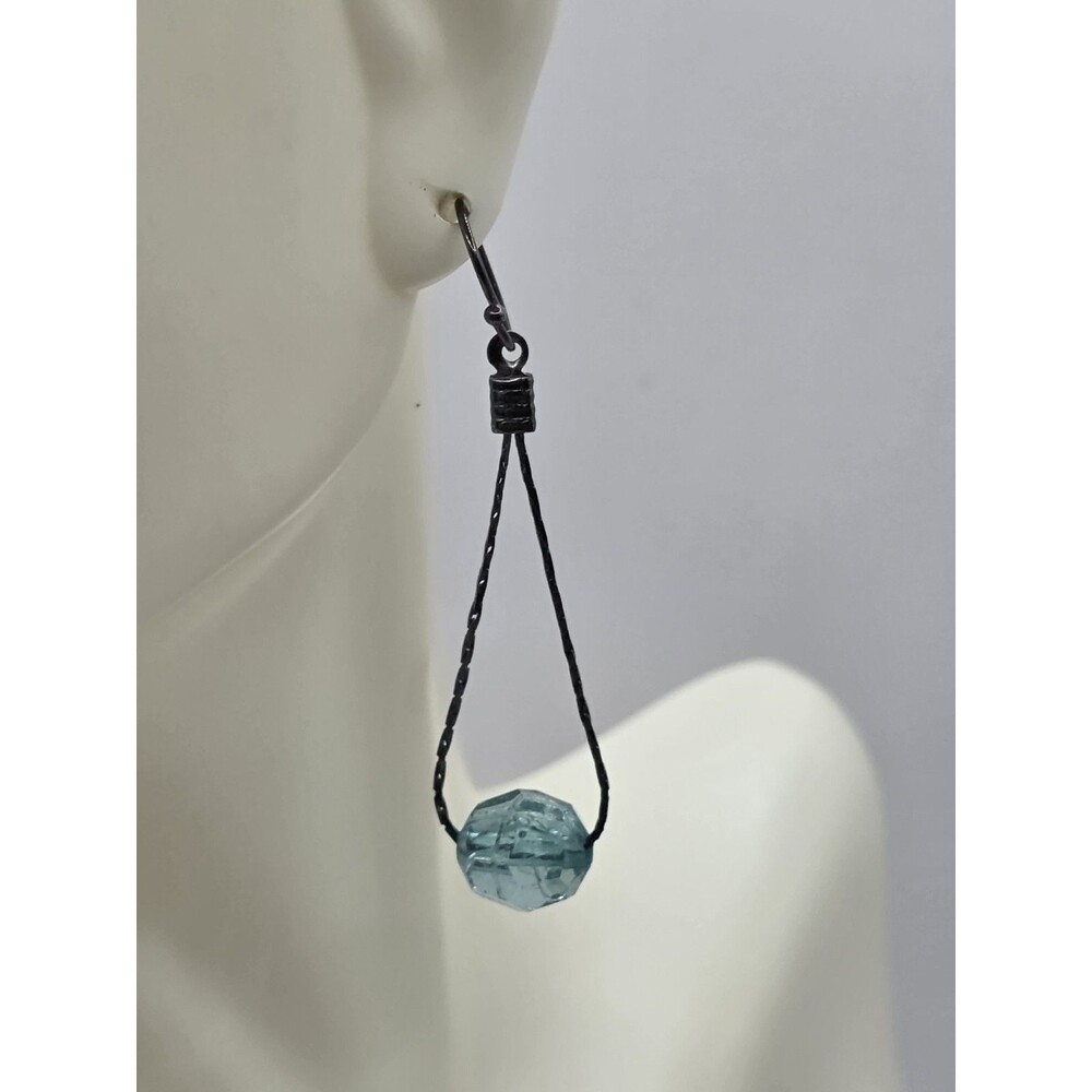 Blue Faceted Bead on Chain Silvertone Dangle Hook Earrings 2"